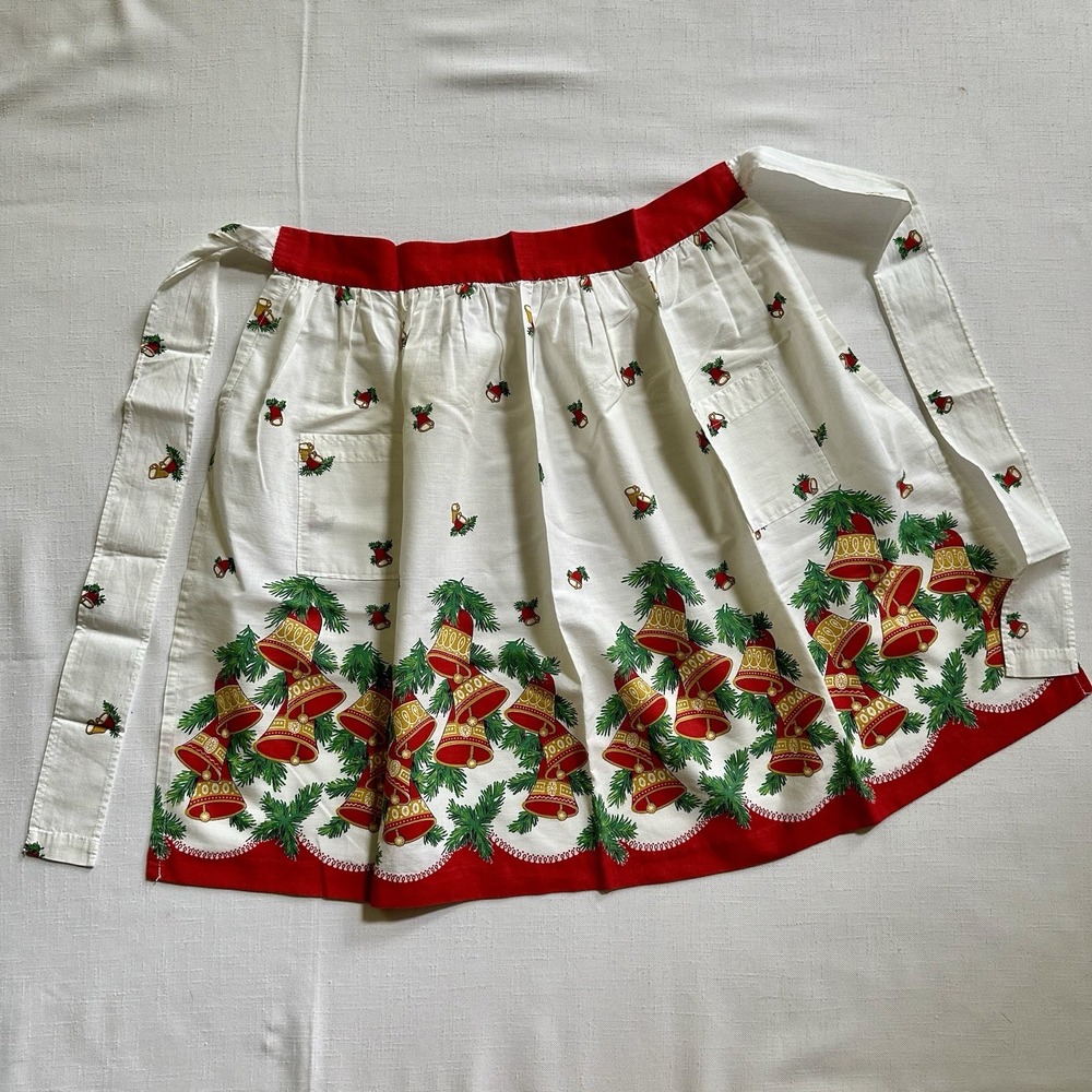 Vtg MCM Christmas Half Apron 1950s Holly Berry Festive Bells 21.5" Long Pockets - Picture 2 of 12